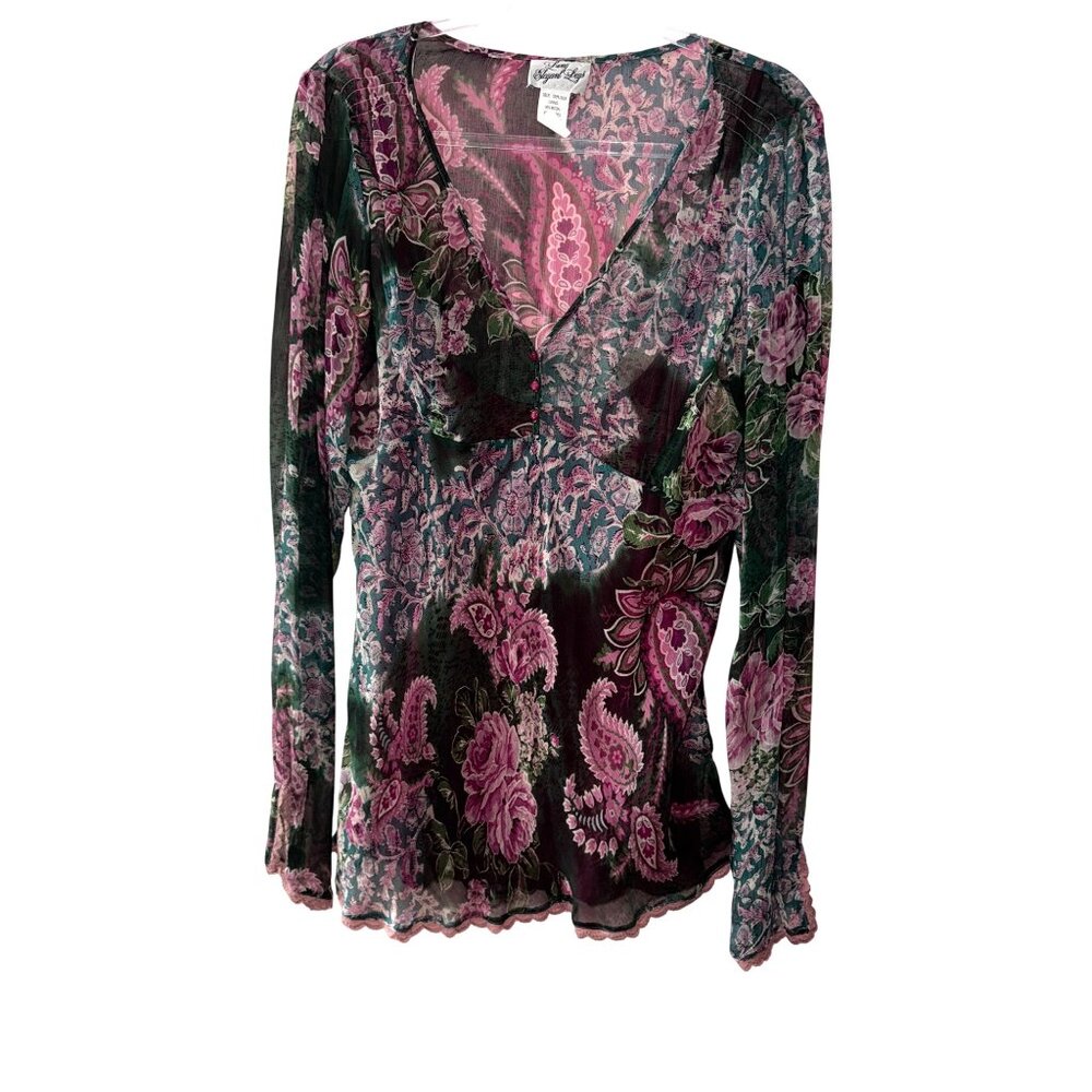 Long Elegant Legs Floral Paisley Silk Blouse Size 14 Boho‎ Sexy Prairie Feminine